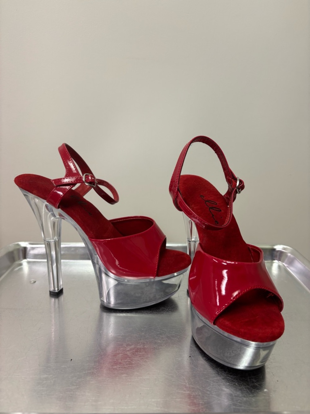 Ellie Shoes Red Patent Platform Sandals with Clear Lucite Heel